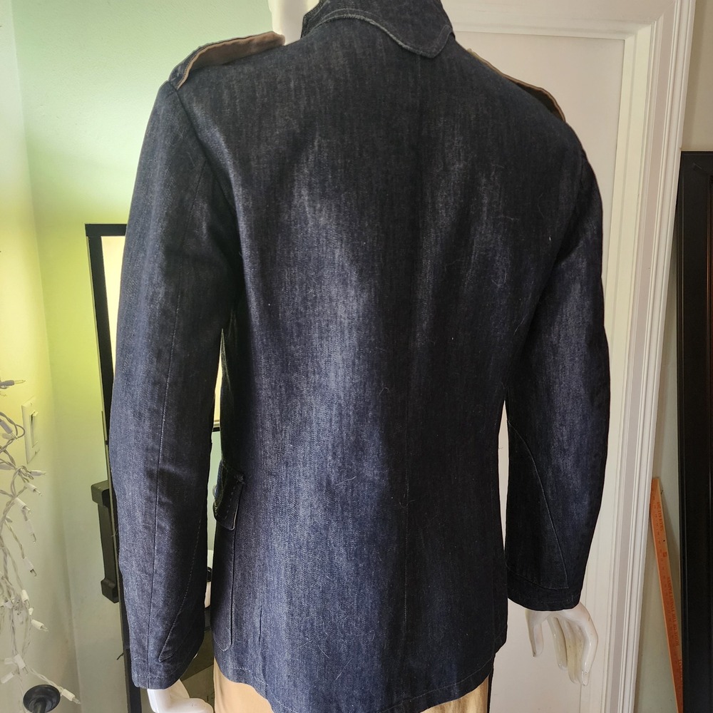 Mens Dark Wash Denim Military Field Jacket Stand Collar Epaulettes Navy Blue - Picture 9 of 14